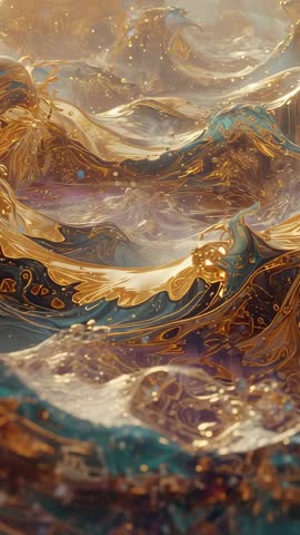 Vertical CGI Wave Crests with Shimmering Gold Filigree and Metallic Fluid Motion