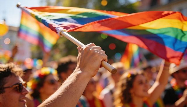 Hand gripping wooden pole waving rainbow pride flag at sunny urban celebration