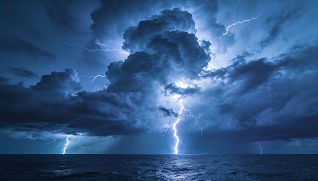 Dramatic lightning striking open ocean beneath towering cumulonimbus cloud at night during storm