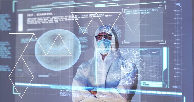 Medical scientist wearing protective suit and face mask working in futuristic laboratory with digital interface and biotechnology visuals. Ideal for use in healthcare innovation, medical research, biotechnology advancements, and technology-driven healthcare projects.