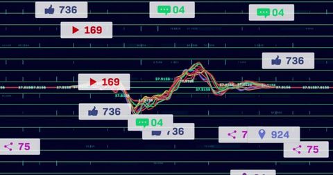 Colorful data visualization with social icons on neon grid screen