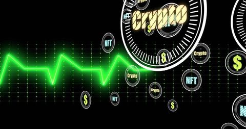 Neon crypto pulse with nft and dollar tokens on grid waveform for blockchain dashboard