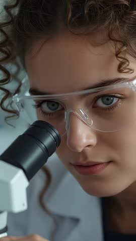 Vertical lab footage of scientist adjusting microscope and inspecting cell sample up close