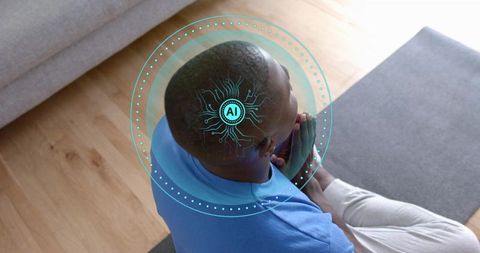 Man meditating with ai augmented hud above head on yoga mat blending mindfulness and tech