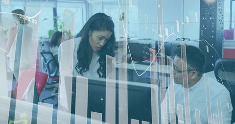 Collaboration in modern office with digital interface graphics