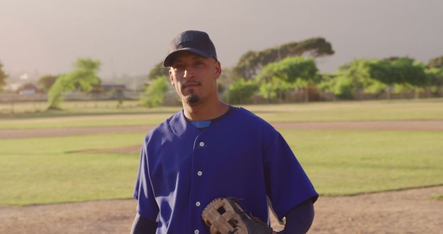 Baseball Player Standing on Field in Blue Uniform During Sunset - Download Free Stock Images Pikwizard.com