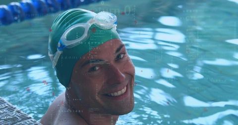 Competitive Swimmer at Pool's Edge with Tech Overlay