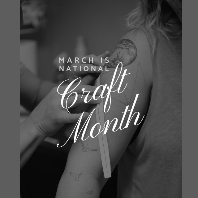 Composition of march is national craft month text over male tattoo artist in workshop. National craft month, craftsmanship and small business concept.