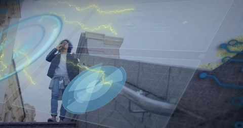 Man Engaging with Futuristic Digital Interface Outdoors