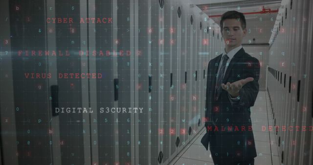 Male IT professional in suit standing in data center. Digital security alerts appear around showing terms like 'Cyber Attack' and 'Firewall Disabled'. Concepts related to cybersecurity, data protection, and modern IT threats. Suitable for illustrating cybersecurity measures, data center operations, and roles in digital protection.