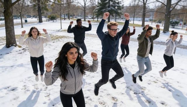 Friends jumping in sync on snowy park for winter fitness team workout and outdoor fun