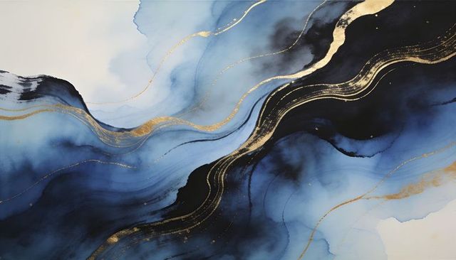 Flowing navy blue and black abstract fluid art with gold veins and metallic texture