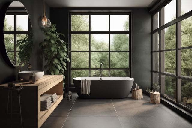 Black modern bathroom with french windows and view to trees, created using generative ai technology. Contemporary bathroom interior design and natural light concept digitally generated image.