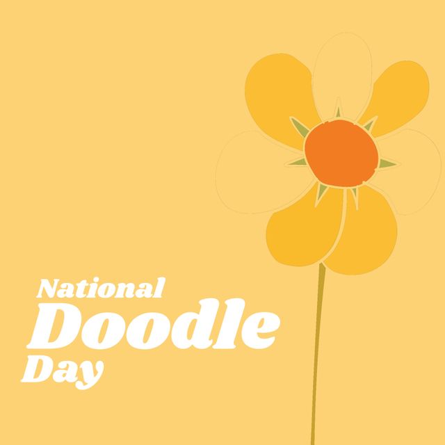 Image of national doodle day and flower on yellow background. Drawings, creation and doodle day concept.