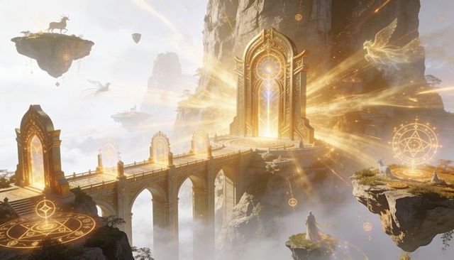 Golden portal bridge to floating cliffs with mystic sigils and cloaked sage