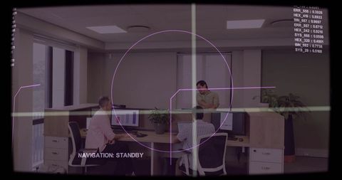 Open-plan office team collaborating at desks with HUD overlay and daylight city view