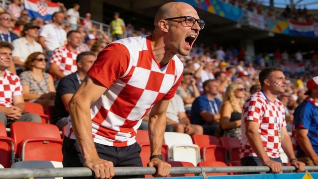 Croatia fan shouting in red-and-white checkered jersey at crowded stadium