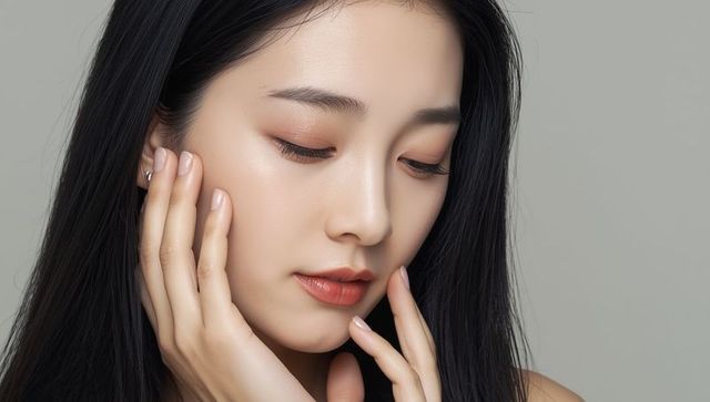 Graceful asian woman touching face with manicured hands