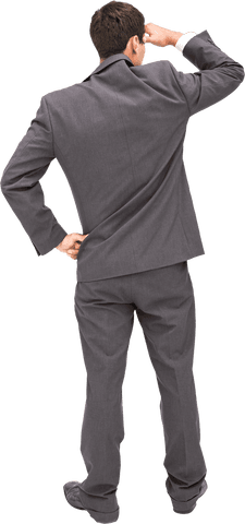 Back View Caucasian Businessman Thinking on Transparent Background