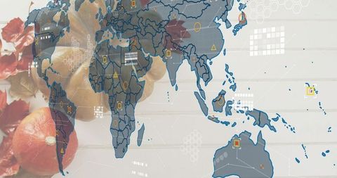 Translucent world map overlaid on autumn fruit and pale wood with data markers, hex grid