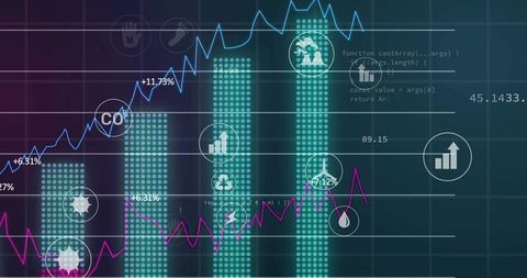 Cyan and Magenta Analytics Dashboard Showing Bar Charts, Trend Lines and Circular Icons