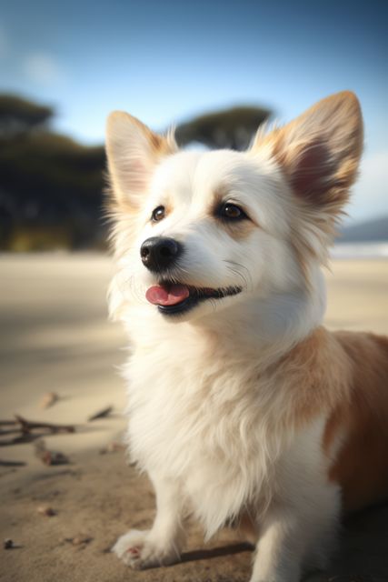 Cute corgi dog sitting on sandy beach during sunny day. Dog looks happy and joyful with fluffy coat and tongue out, background has clear blue sky and distant trees. Perfect for pet websites, travel blogs, promotional material for summer vacation destinations, or cheerful greeting cards.