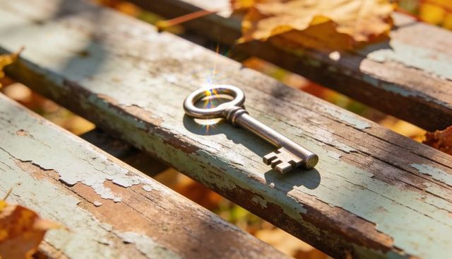 Ornate vintage skeleton key resting on weathered peeling bench slats with autumn leaves