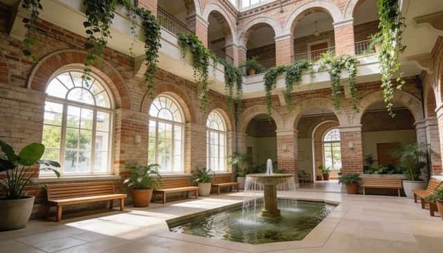 Sunlit brick atrium featuring central fountain, arched windows and hanging plants
