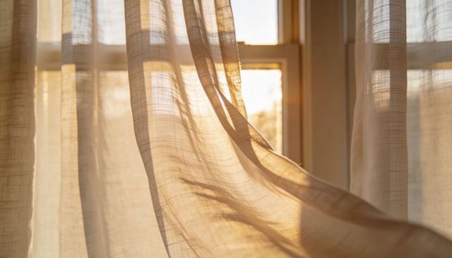 Sunlit sheer curtain billowing over window showing linen texture and warm morning soft glow