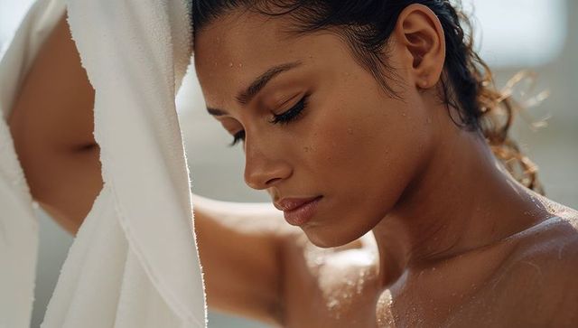 Serene wet-skinned woman drying hair with white towel at spa close-up wellness portrait