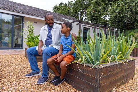African american father and son sharing meaningful conversation on planter edge in backyard