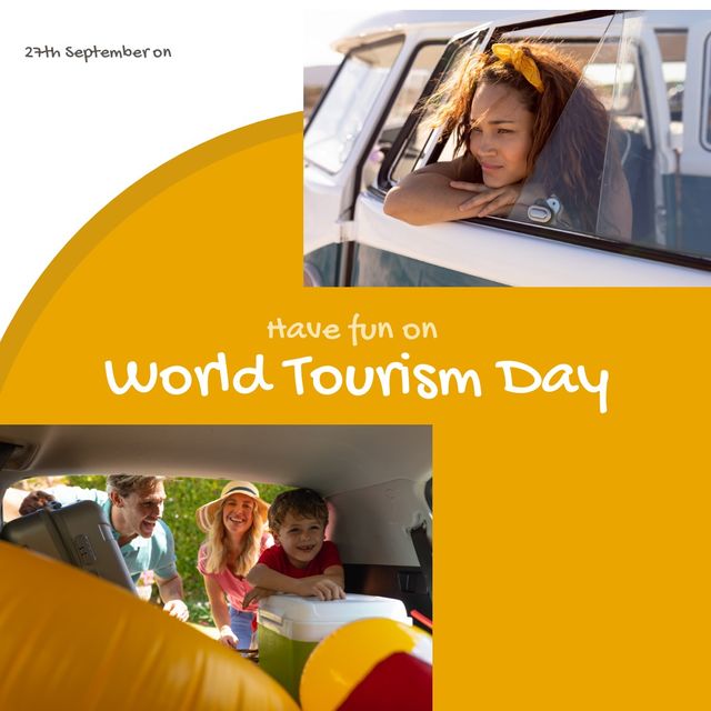 Caucasian woman looking over window and family packing luggage in car, have fun on world tourism day. 27th september, text, composite, together, travel, awareness, celebration and social impact.