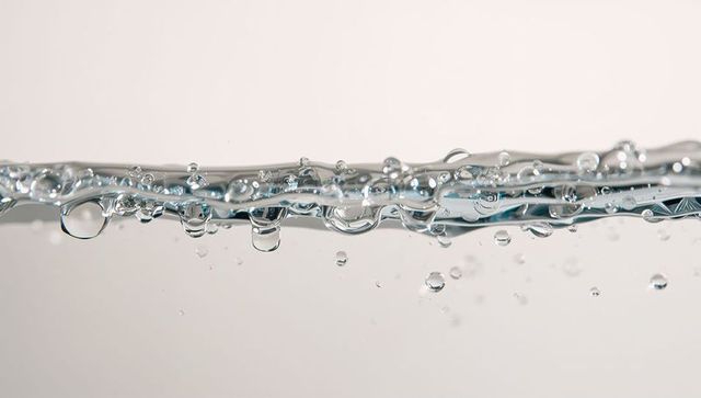 Flowing horizontal ribbon of clear water with suspended bubbles and droplets, macro