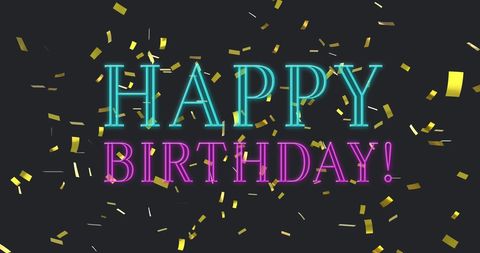Happy Birthday Neon Text with Gold Confetti on Dark Background - Download Free Stock Images Pikwizard.com
