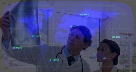 Doctors analyzing x-ray image with digital overlay