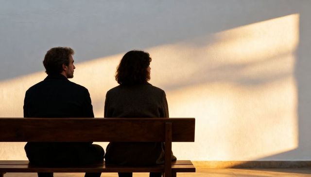 Quiet contemplation: couple sitting on bench facing sunlit textured wall in interior