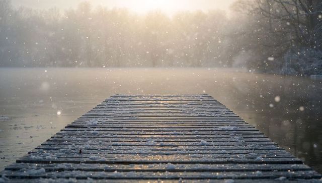 Snow-kissed wooden dock leading into misty sunrise over frozen lake