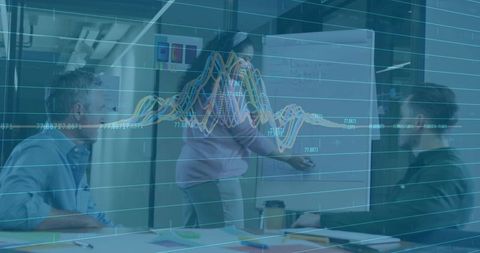 Team brainstorming with business graph overlay in modern office