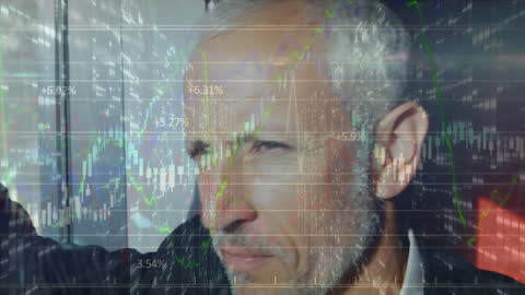 Caucasian Businessman Analyzing Global Data Trends with Digital Interface