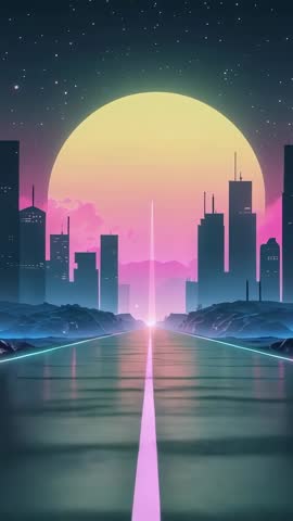 Neon Horizon Vertical Video: Futuristic Highway Reflecting Sun Over Cyberpunk Cityscape