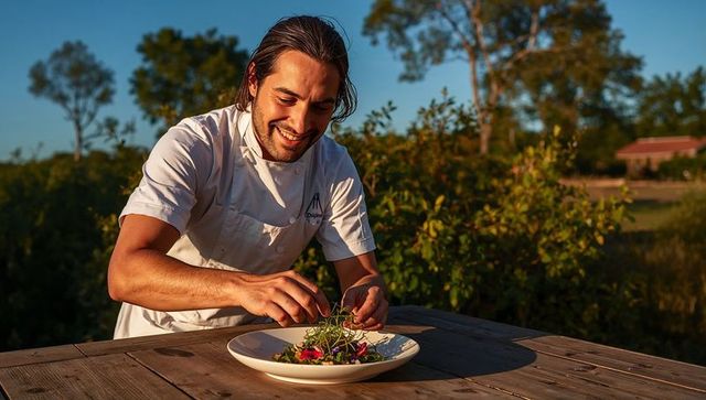 Male chef garnishing vibrant salad outdoors at rustic wooden table during golden hour