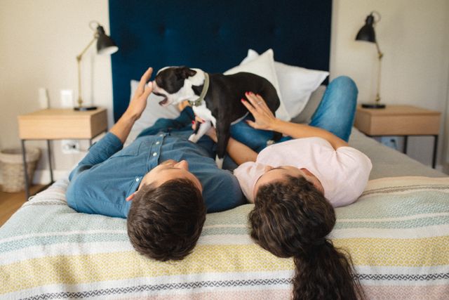 Caucasian couple playing with their dog while lying on the bed at home. pet love and care concept