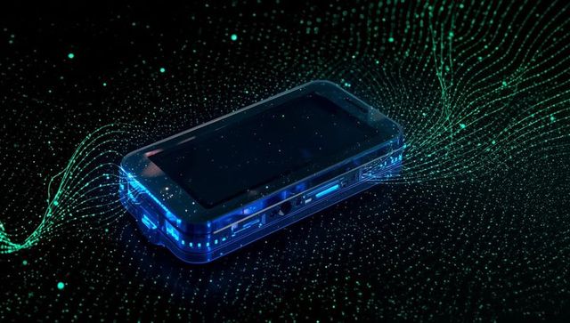 Futuristic smartphone with glowing circuitry and data waves