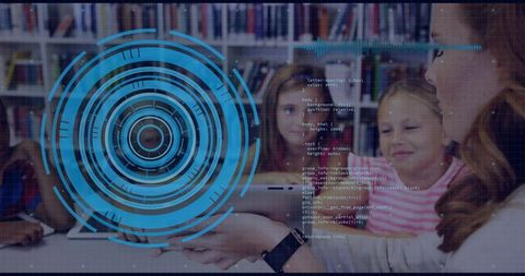 Teacher guiding students with tablet and augmented reality hud and code overlays