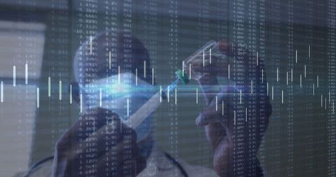 Medical Professional Analyzing Vaccine Behind Tech Overlay