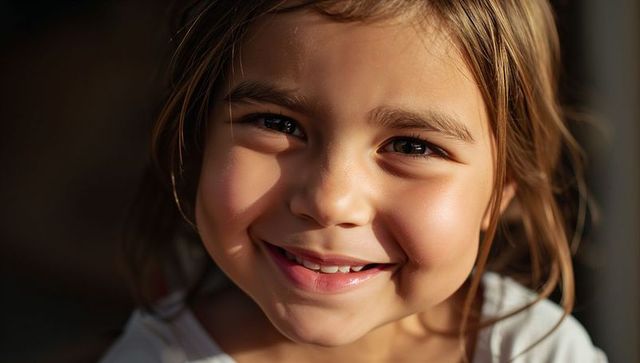Sunlit Close-Up Portrait of Smiling Girl with Warm Directional Light and Bright Eyes
