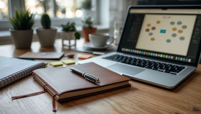 Brown leather journal resting on wooden desk with laptop and potted plants in daylight