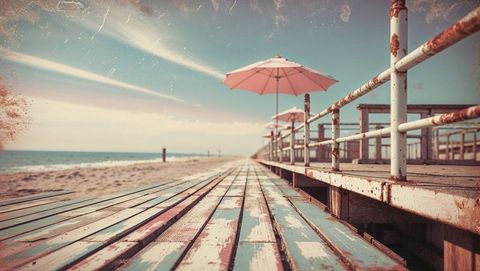 Charming vintage coastal boardwalk with pink umbrellas