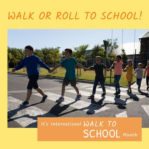 children holding hands crossing road celebrating walk to school month - Download Free Stock Templates Pikwizard.com