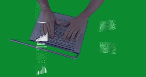 Male hands typing on laptop with floating analytics overlays green screen background compositing